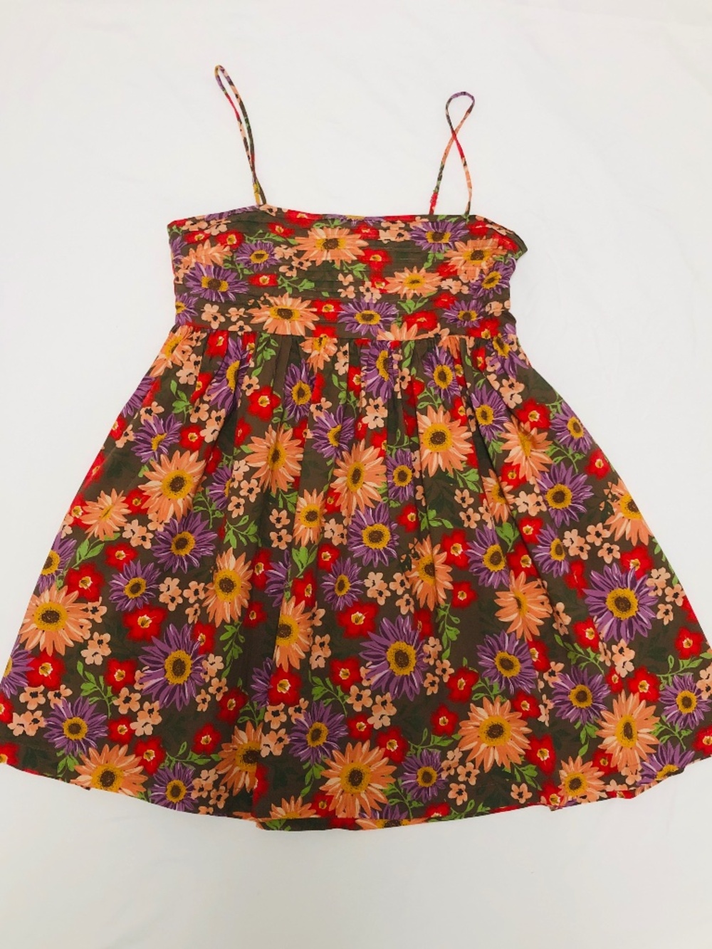 Millibon Retro Floral Mini Sundress Sunflower Print Size L, Cotton, Made In USA